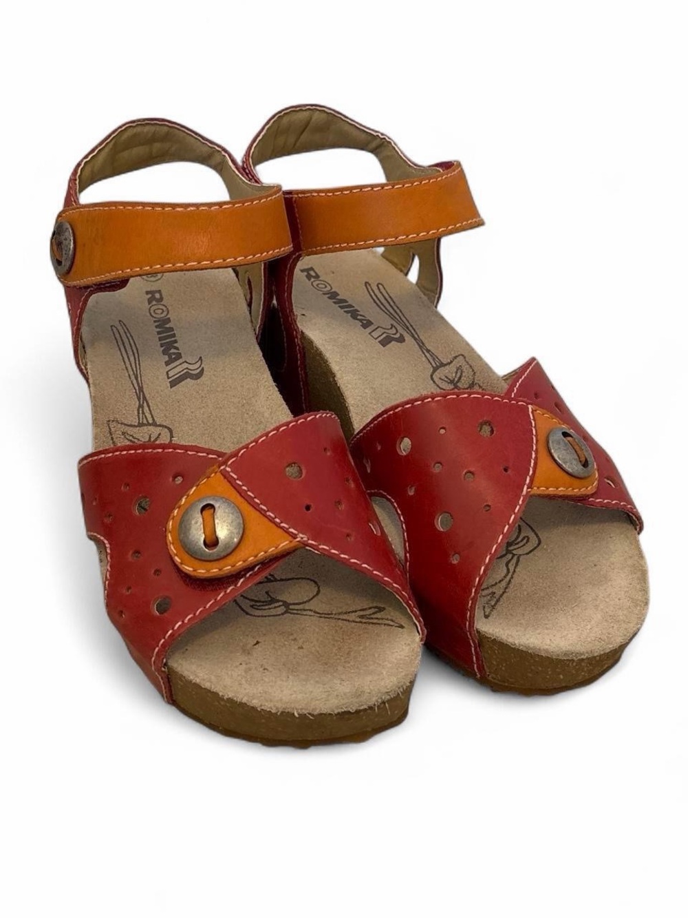 Romika Red and Orange Leather Hook-and-Loop Sandals